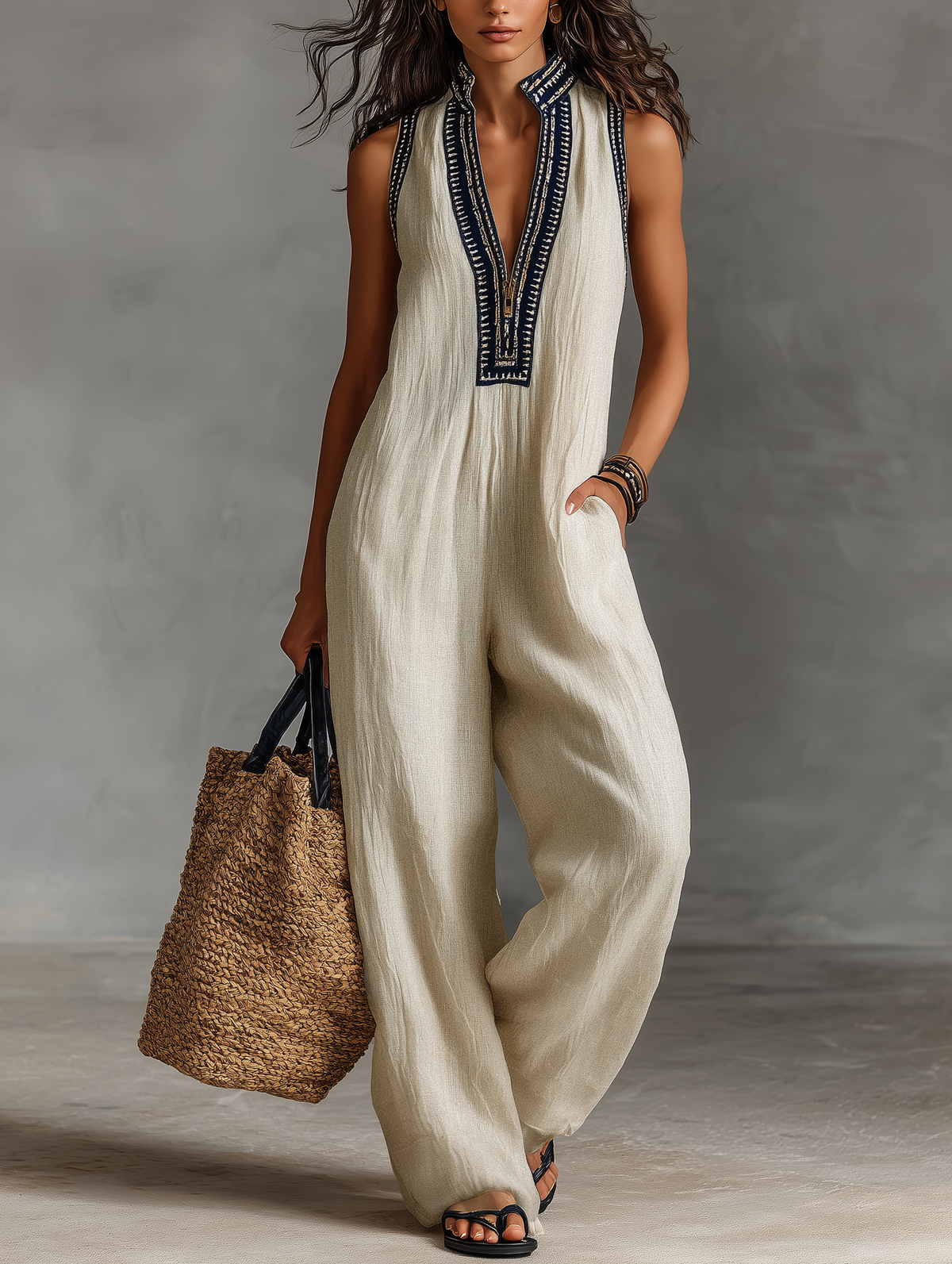 Daria | Jumpsuit embroidered of linen sleeveless with zipper and high neck