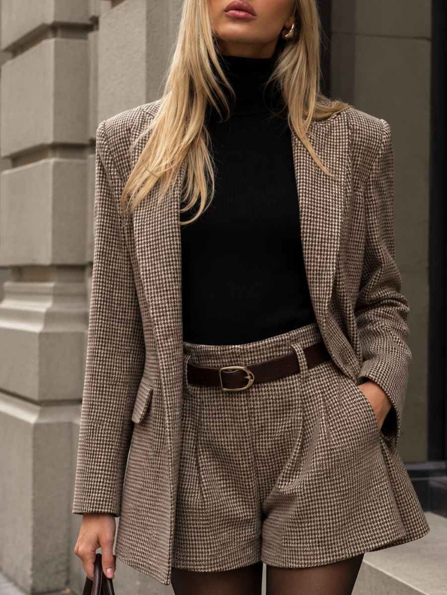 Avaline | Houndstooth blazer and tailored shorts set