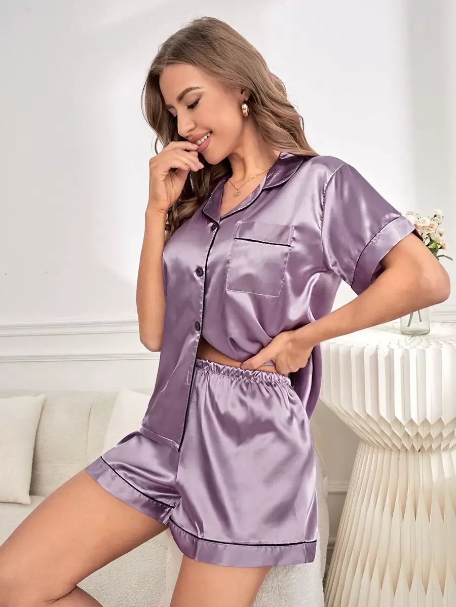 Melvisse | Silk button-up pajama shorts set with black contrast piping