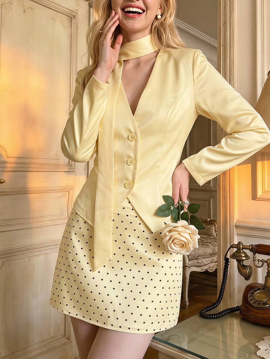 Liosenne | V-neck blazer and polka dot mini skirt set