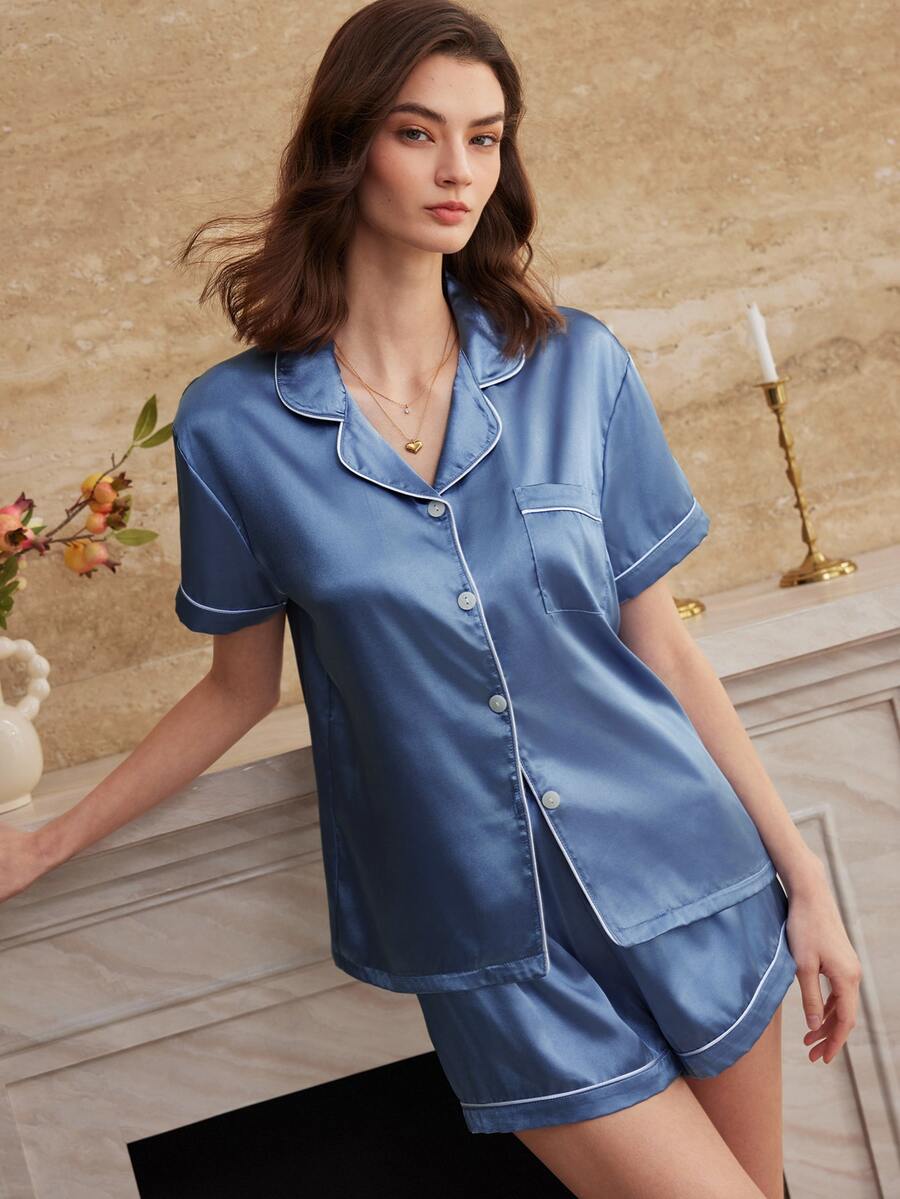 Valisse | Silk button-up pajama shorts set with white contrast piping