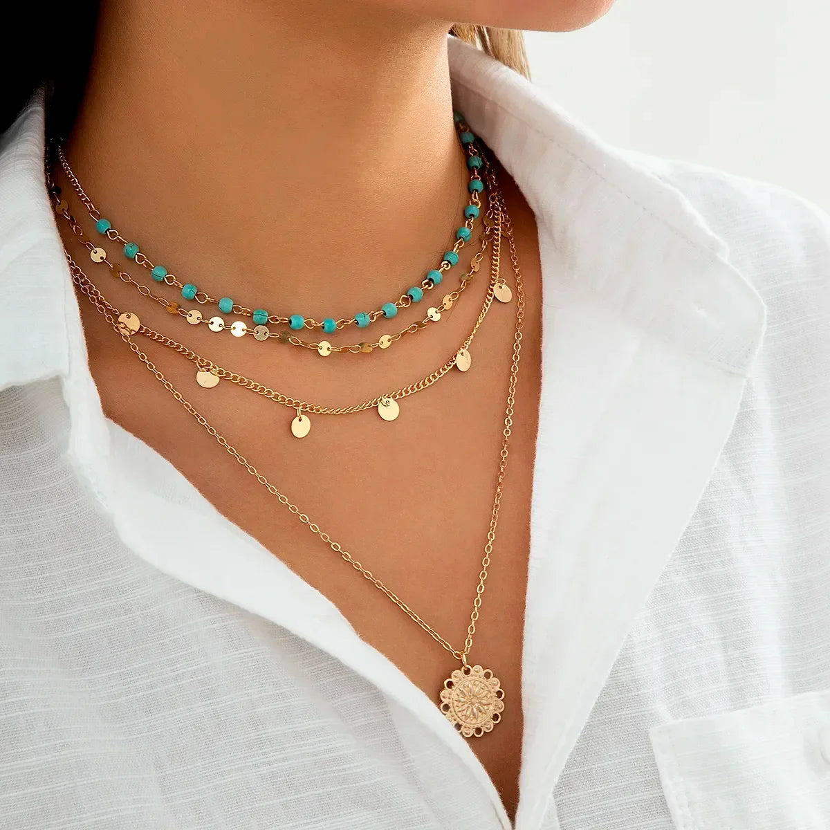 Estrella | Set of 4 Layered Gold Necklaces with Turquoise Details