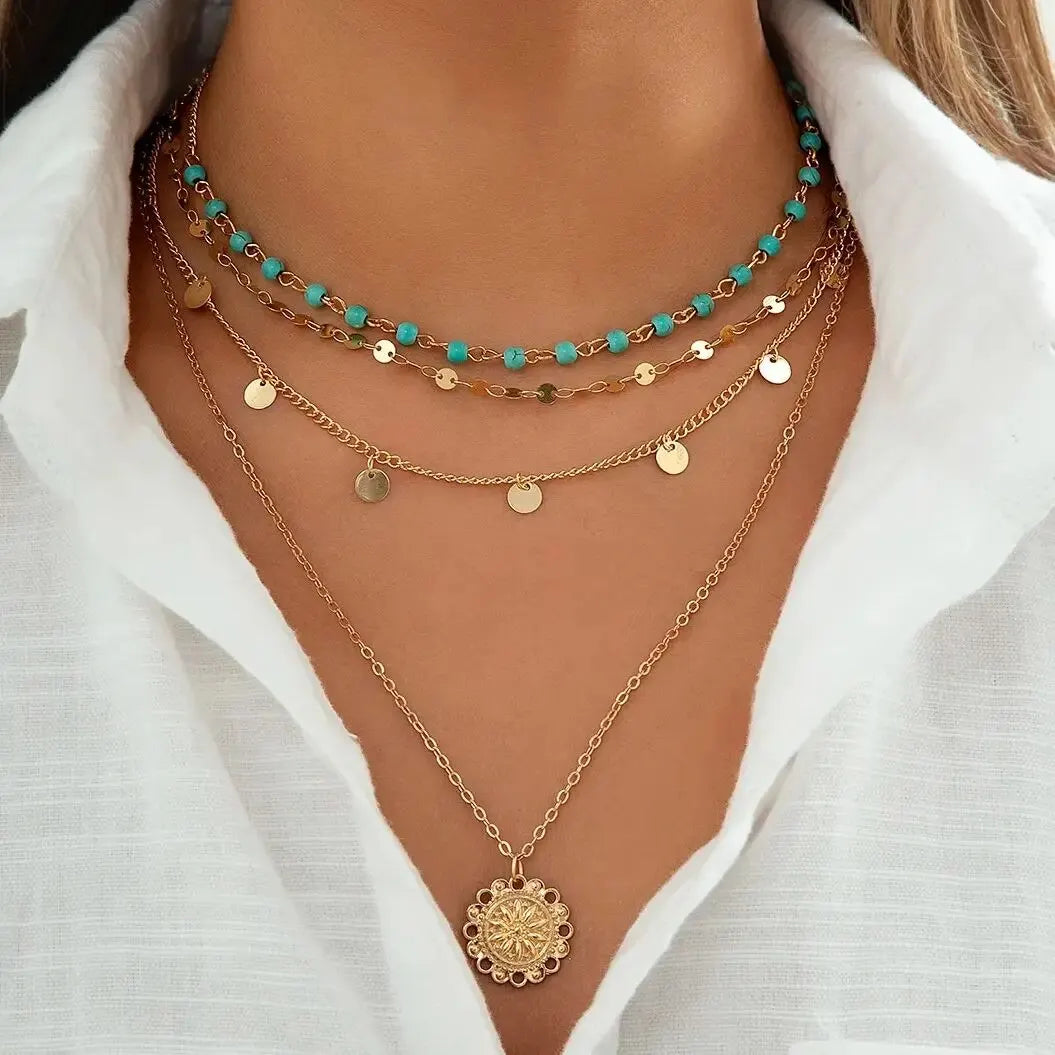 Estrella | Set of 4 Layered Gold Necklaces with Turquoise Details