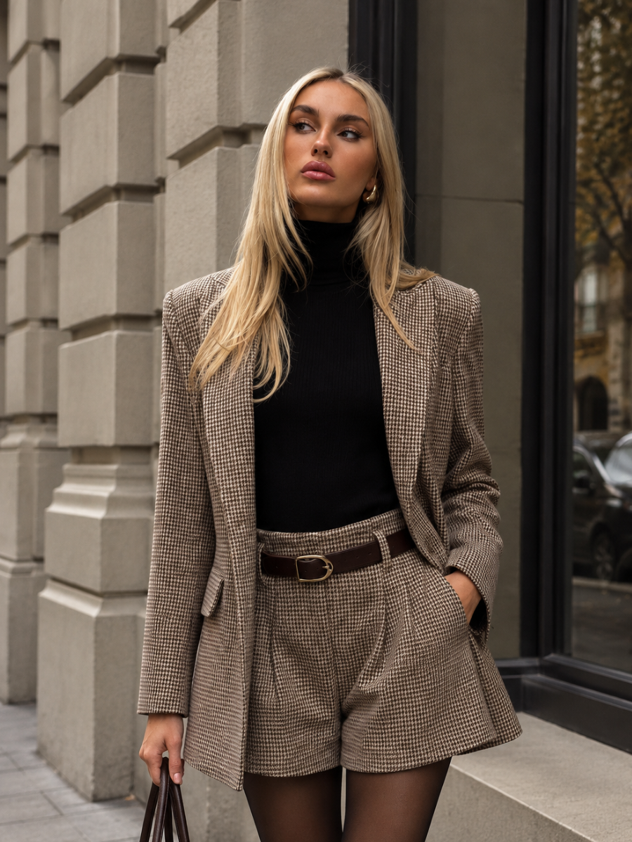 Avaline | Houndstooth blazer and tailored shorts set