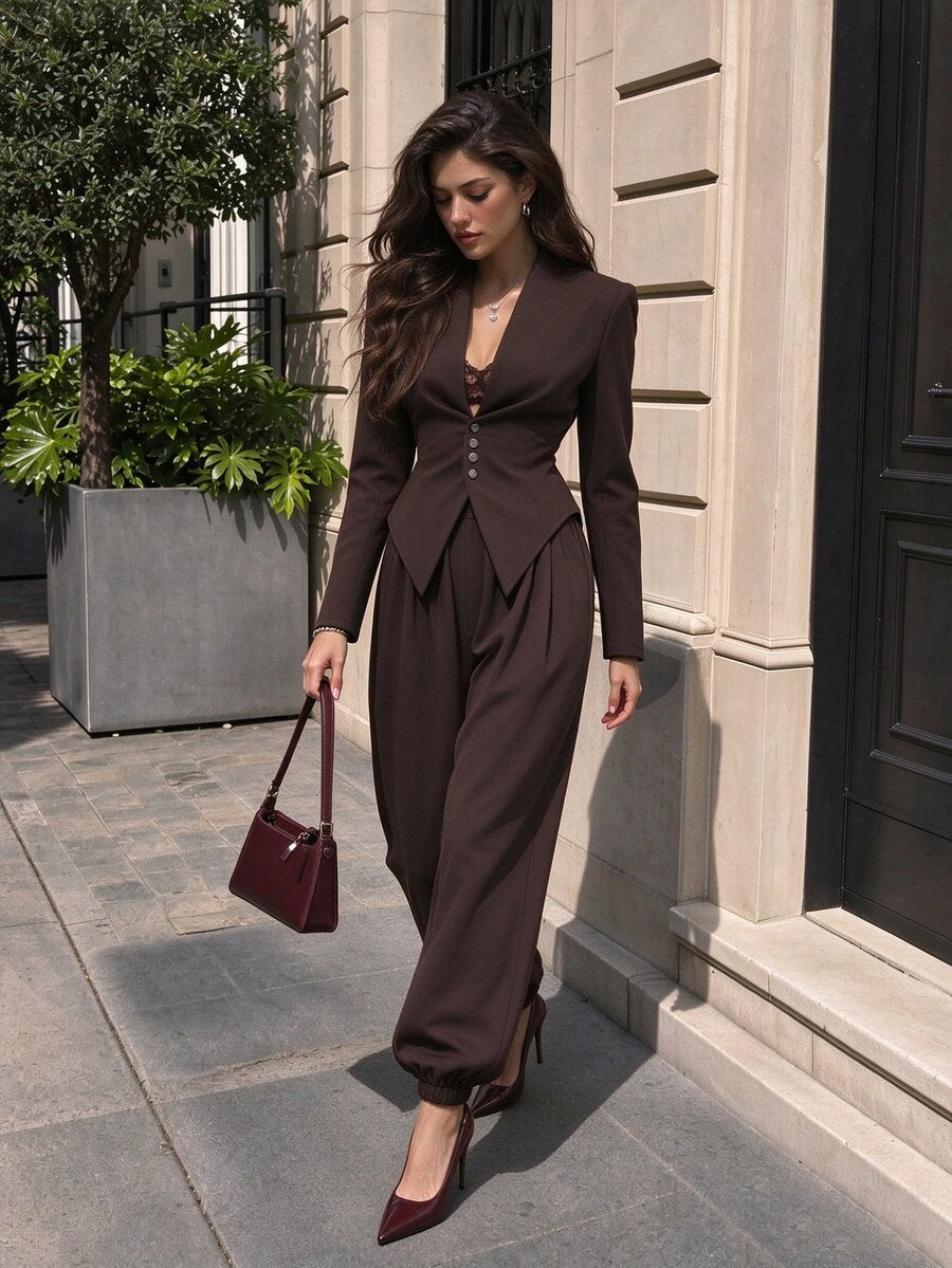 Vizzelle | Fitted blazer and wide-leg trousers set with a cinched waist